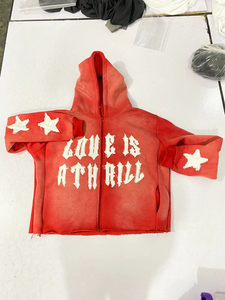 เสื้อฮู้ดดี้ผู้ชายผ้าฝ้ายทรงโอเวอร์ไซส์สีแดงวินเทจสไตล์ฝรั่งเศส  แบบซิป  ฟอกสีทำเก่า - Product Image 6