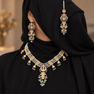 <b>Gold</b> Plated Layered Faux Pearl Necklace Earrings and Maang Tikka <b>Set</b> with Green Beads Bridal Jewelry Factory Wholesale - Product Image 5