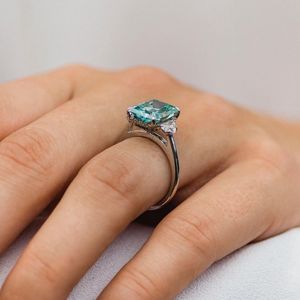 Radiant Cut Hidden Halo <b>Ring</b> Green Moissanite Three Stone <b>Ring</b> White Gold Engagement <b>Ring</b> 10K Solid Gold Half <b>Moon</b> Cut Cz <b>Ring</b> - Product Image 2