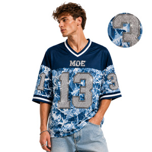 Camiseta de fútbol americano extragrande con estampado de camuflaje azul hielo y pedrería, estilo premium, OEM, personalizada, unisex, de malla. - Product Image 1