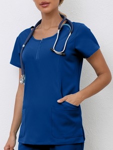 Women's Navy <b>Blue</b> <b>Scrub</b> Top With Zip Front And Side Pockets Hospital Uniforms - Product Image 6