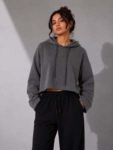 Sudadera con Capucha de Punto para Mujer, Color Gris Sólido, Casual, Corta, Manga Larga, Transpirable, de Algodón, para Otoño - Product Image 1