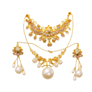 Champaswaralu Antique Gold Plated Fine Jewelry Set with Zircon and Pearl Earrings Oxidized Polish Finish Made in India - Product Image 2