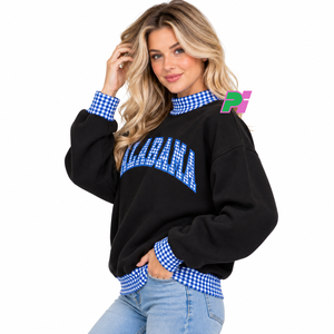 <b>Women's</b> <b>Black</b> Mock Neck Sweatshirt with Blue Gingham Collar and Cuffs Drop Shoulder Cotton <b>Fleece</b> Top Mockneck Sweatshirt - Product Image 4