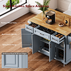 Carrello da Cucina Grande da 54 Pollici con 4 Ante, Texture 3D Goffrata, 4 Ruote, in Legno di Gomma, per Isola Cucina - Product Image 6