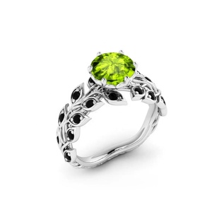 Compra en línea de Plata de Ley 925, hermosa piedra cultivada en laboratorio, peridoto verde, oro rosa, anillo de hoja de San Valentín, joyería del fabricante - Product Image 1