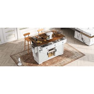 Carrello da Cucina Stile Fattoria K K da 53,7 Pollici con Presa di Corrente, 2 Ante Scorrevoli, Vano Portaoggetti e Porta Spezie a Scomparsa - Product Image 1