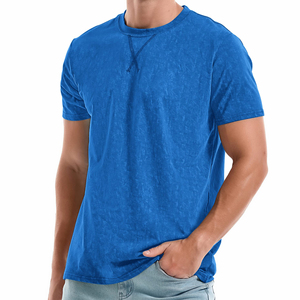 T-shirt en tricot à manches courtes pour homme, bleu foncé, col rond, couleur unie, vêtement décontracté - Product Image 2