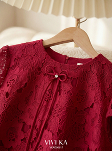 Women's Red Floral Lace Blouse Cap Sleeve O-Neck Sheer <b>Layer</b> Elegant Feminine <b>Top</b> Spring Summer Wear VELA - Product Image 6