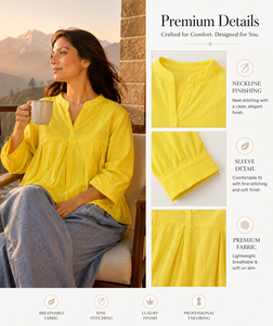 Haut d'été bohème jaune vif pour femmes |   Lin/coton respirant de qualité supérieure, design plissé élégant, service ODM, confortable et chic - Product Image 2