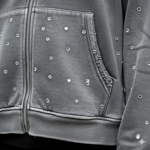 Nouvel arrivage : Sweat à capuche zippé gris oversize pour homme en molleton bouclette avec poches ornées de strass, style décontracté automne - Product Image 6