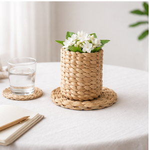 Sous-verre rond en bambou tressé fait main avec motif floral, écologique, pour la décoration de la cuisine et de la table basse - Product Image 4