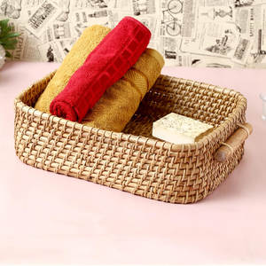 Natural Rattan <b>Storage</b> <b>Basket</b> Rectangle With Handles For <b>Bathroom</b> Neatening Rustic Style For Kitchen Fruit Vegetable Snack Bread - Product Image 1