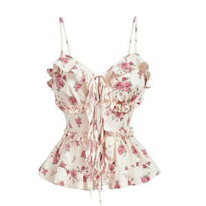 Débardeur sans bretelles à volants floraux pour femme, à nouer devant, décontracté, été, séchage rapide, 100 % polyester, ajusté - Product Image 3