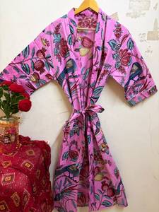 Peignoir Kimono en Coton Imprimé Numérique pour Femme, Motif Floral Bleu, Robe de Plage, Cache-maillot de Bain, Col en V, Cordon de Serrage, Respirant, Manches 3/4 - Product Image 4