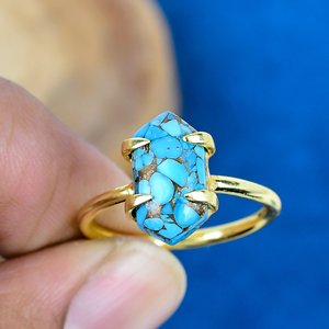 Natura Blue Copper Turquoise Hexagon Shape Gemstone 18k Gold Micron Over 925 Sterling <b>Silver</b> - Product Image 1
