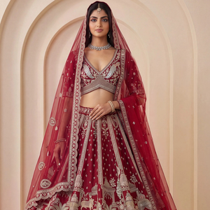 Deep Maroon <b>Red</b> Premium Silk Bridal <b>Lehenga</b> Choli Heavy Cutdana Dori Sequins Work Double Net Dupatta Canvas Cancan Heavy Flair - Product Image 1