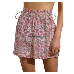 Shorts de week-end en coton imprimé à la main avec cordon de serrage pour femme – Tenue décontractée d'été – Shorts de plage en coton imprimé à la main avec cordon de serrage - Product Image 1