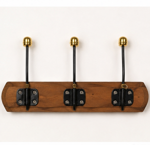 Vintage Wall Mounted Coat and Hat <b>Rack</b> with Solid Wood Base Antique Brass Dual Hooks for Hanging Coats Bags and Hats - Product Image 3