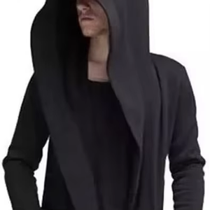 <b>Men's</b> <b>Long</b> Gothic Hooded Cardigan Solid <b>Black</b> Open Front Draped <b>Coat</b> - Product Image 1