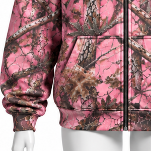 Pink Woodland Print <b>Zip</b> Up <b>Hoodie</b> Mens Outdoor Casual Hooded Sweatshirt with Drawstring Front <b>Pockets</b> Warm Streetwear Jacket - Product Image 5