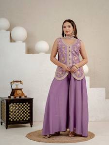 Ensemble haut et pantalon brodés violets, longueur genou, motif floral, tenue ethnique pour femme, robe de soirée, costume de mariage - Product Image 2