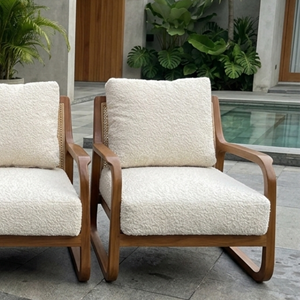Weatherproof Teak Wood <b>Garden</b> <b>Chair</b> Premium Boucle Cushion Natural Rattan Accent Armchair Modern Sled Base Hotel ResortFurniture - Product Image 4