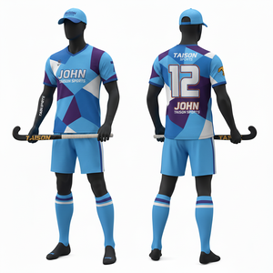 Uniforme de Hockey sobre Césped para Hombre, Tela de Poliéster Transpirable de 180 GSM, Diseño de Paneles Geométricos Azul Cielo y Morado, Kit de Equipo Personalizado por Sublimación - Product Image 1