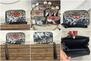 Portefeuille long en cuir de vachette repoussé à motif floral, haute qualité, avec fermeture éclair, pochette pour téléphone, prix usine de gros pour femmes - Product Image 3