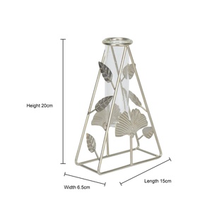 Vase de table industriel en fer avec tube en verre, hauteur 20 cm, motif feuille noire, support décoratif pour fleurs - Product Image 2