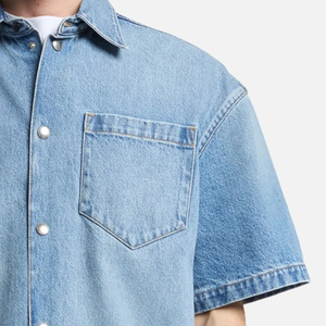 OEM Service Minimal Style Denim T Shirt With Turn <b>Down</b> Collar And Short Sleeves Clean Look Trendy Outdoor Wear With Front Pocket - Product Image 4