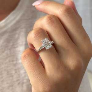 3 Carat <b>Emerald</b> Cut Lab Diamond and Tapered Baguettes Three Stone <b>Ring</b> in White Gold, IGI Certified - Product Image 3