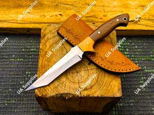 Couteau de chasse et de camping à lame fixe en acier inoxydable de qualité industrielle, forgé à la main, avec manche en bois, lame pleine longueur, étui extérieur, OEM - Product Image 2