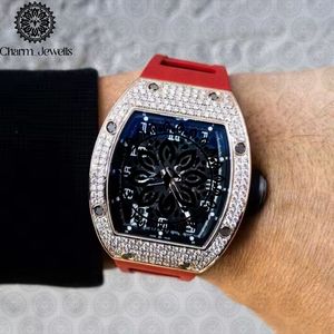 Charm Jewells Luxury Men's Stainless Steel Watch 40mm Case Diamond Encrusted <b>Red</b> Rubber Band Mechanical Movement 10 Bar Water - Product Image 1