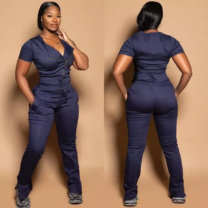 Custom Logo Slim Fit Medical <b>Scrubs</b> Set Women Hospital Nursing Uniform Short Sleeve Zipper Top Jogger Pants Surgical <b>Scrubs</b> - Product Image 2