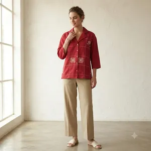 Ensemble chemise brodée rouge et pantalon droit beige pour femme, haut à col et manches trois quarts, tenue décontractée élégante pour le bureau - Product Image 5