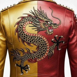 Men’s Gold Red Split Leather Biker <b>Gothic</b> <b>Jacket</b> Dragon Patch Spiked Punk Rock Moto Top Sell - Product Image 5