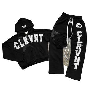 Conjuntos de sudadera con efecto acid wash 100% algodón, pantalones de chándal acampanados con estampado y sudaderas con capucha vintage de corte oversize para hombre - Product Image 1