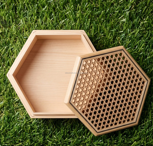 Hexagonal Wooden <b>Storage</b> <b>Box</b> With Lattice Lid Minimalist Design Carved Wood Craft 1 Layer For Organizing Small Items - Product Image 3