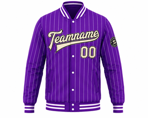 SINEWY SPORTS <b>Purple</b> Pinstripe Front Team Patch <b>Varsity</b> <b>Jacket</b> Men's Custom Name Number Baseball Style Autumn Wear 100% Cotton - Product Image 2