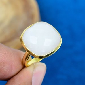 Natural Rainbow Moonstone Cushion Cut Gemstone 18k Gold Plated Bezel Handmade <b>Statement</b> <b>Ring</b> For Women - Product Image 2