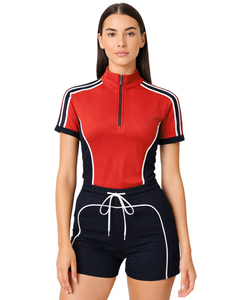 Ensemble sportif deux pièces personnalisé pour femme, noir et blanc, avec haut à col zippé et short à cordon de serrage, décontracté, pour la gym, le fitness et l'été - Product Image 1