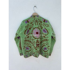 Green Velvet Quilted Jacket with Uzbek Floral Embroidery Cotton Lining Boho Chic Women's Casual Quick Dry Spring/Autumn/Winter - Product Image 6