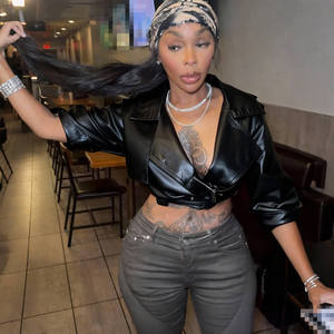 Veste de moto courte en cuir PU pour femme, veste bomber à fermeture éclair avec ceinture, manteau court à manches longues, automne/hiver - Product Image 2