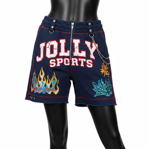 Shorts de mujer de felpa de algodón y poliéster premium con costuras rojas, bordado de chenilla, cremallera frontal y logo personalizado. - Product Image 1