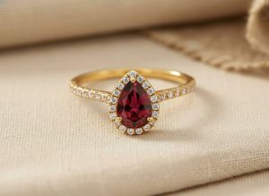 Bague Halo en Or Massif 14K avec Pierre Précieuse Grenat Rouge Poire Moissanite, Bijou Classique de Fiançailles, Cadeau Idéal pour les Couples - Product Image 1