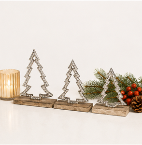 Elegant Set Of 3 Minimalist Cutout Metal Xmas <b>Trees</b> Sculpture Natural Wooden Stand Silver Hammered Finish Christmas Centerpiece - Product Image 6