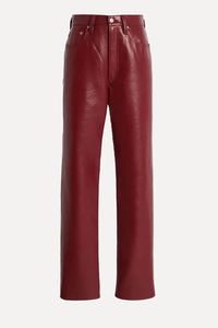 <b>Men's</b> High Waist Burgundy genuine Leather Pants Straight Fit Button Fly Smart Casual Autumn Wear - Product Image 4