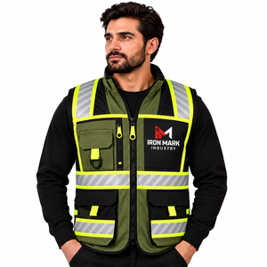 Gilet de sécurité unisexe haute visibilité en coton certifié CE, vert olive, vêtements de travail - Product Image 1