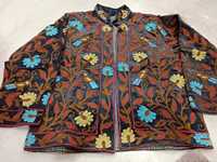 Veste matelassée pour femme en velours brodé 100% coton tissé, motif floral et oiseaux, col montant zippé, style ethnique, hiver, écologique